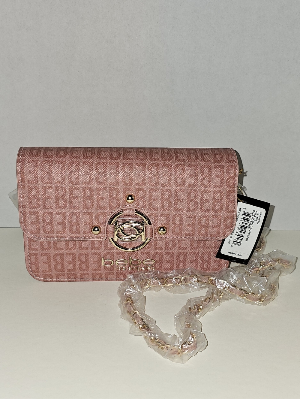 bebe Pink Signature Logo Chain Crossbody Bag